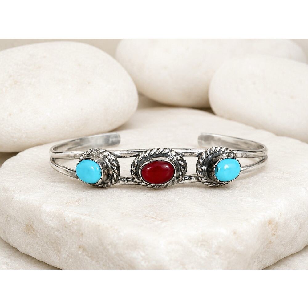Southwestern 3 Stone Cuff Bracelet Turquoise Red Coral Silver Tone Western Boho